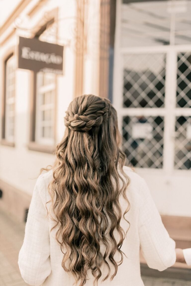 Half-up braided hairstyle seen from behind
